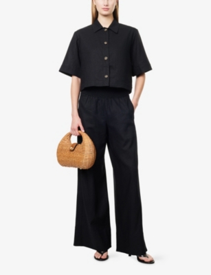 ME AND EM: Shirred Waist Wide-Leg Linen-Blend Trousers
