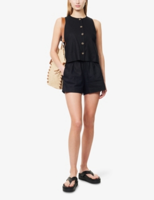 ME AND EM: Shirred-Waist Side-Pocket Linen-Blend Shorts