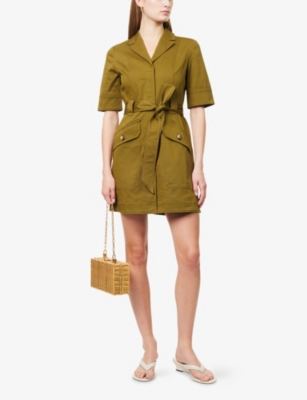 Me And Em And Em Womens Short-sleeved Tie-belt Cotton-blend Mini Dress Deep Golden Olive