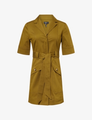 Me And Em And Em Womens Short-sleeved Tie-belt Cotton-blend Mini Dress Deep Golden Olive