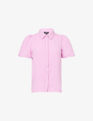 Me And Em And Em Womens Short-sleeved Picot-trim Cotton Blouse Violet Pink