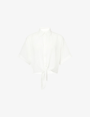 Me And Em And Em Womens Relaxed-fit Tie-hem Cotton Shirt Soft White