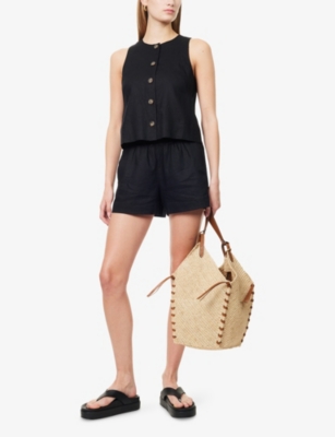 Me And Em And Em Womens Round-neck Button-through Linen-blend Top Black