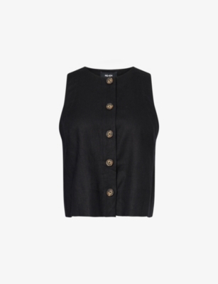 Me And Em And Em Womens Round-neck Button-through Linen-blend Top Black