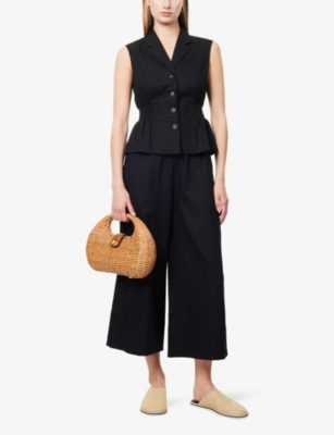 Me And Em And Em Womens Shirred-waist Tailored Linen-blend Waistcoat Black