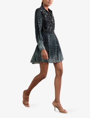 Reiss Womens Navy Ali Abstract-print Woven Mini Dress In Green