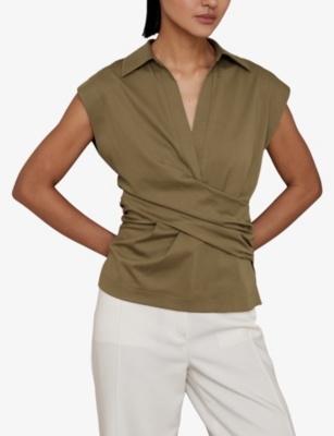Reiss Womens Khaki Green V-neck Wrap-front Stretch-cotton Blend Top In Green