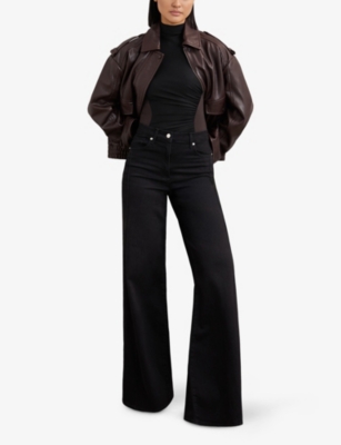 Reiss Womens Black Chocolate Brown Jessie Panel Ruched Stretch-woven Bodysuit In Brown