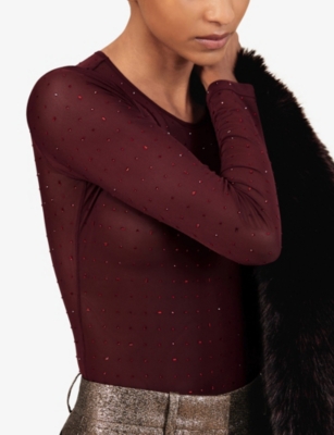 Reiss Womens  Pippa Crystal-embellished Stretch-mesh Bodysuit In Red