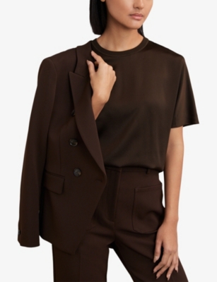 Reiss Womens Chocolate Brown Lena Short-sleeve Silk Top In Brown