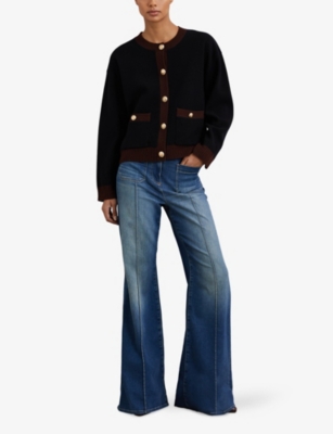 Reiss Womens Burgundy Black Olive Contrast-trim Wool And Cashmere-blend Cardigan In Black