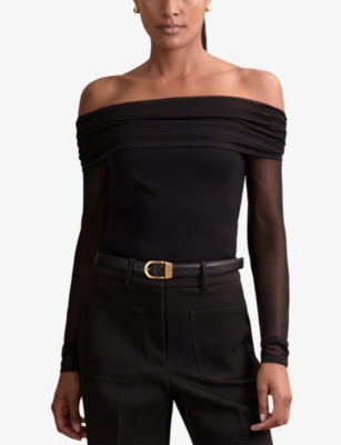 Reiss Womens Black Angie Bardot-neckline Stretch-mesh Top In Black