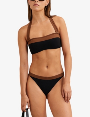 Reiss Womens Black Tan Nala Contrast-trim Bikini Top In Black