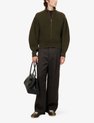 Jacquemus Mens Dark Khaki Funnel-neck Ribbed Wool Cardigan In Gray