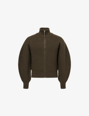 Jacquemus Mens Dark Khaki Funnel-neck Ribbed Wool Cardigan In Gray