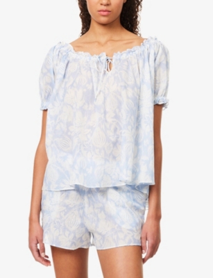 Desmond And Dempsey And Dempsey Womens Blue Idyllic Short-sleeve Cotton Pyjama Set
