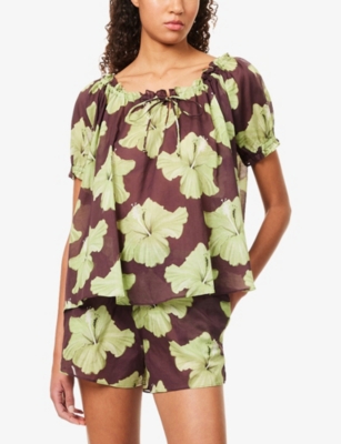 DESMOND AND DEMPSEY AND DEMPSEY WOMENS COCOA/LIME IDYLLIC SHORT-SLEEVE COTTON PYJAMA SET 