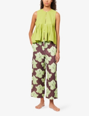 Shop Desmond And Dempsey And Dempsey Womens Pleated Cotton Cami And Trouser Pyjama Set Lime & Cocoa/lime Xs