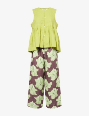 Shop Desmond And Dempsey And Dempsey Womens Pleated Cotton Cami And Trouser Pyjama Set Lime & Cocoa/lime Xs