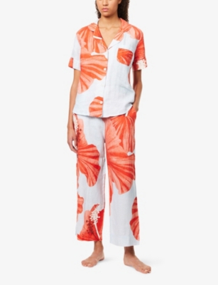 DESMOND AND DEMPSEY: Grand Hibiscus Printed Straight-Leg Linen Pyjama Set