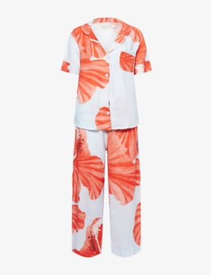 DESMOND AND DEMPSEY: Grand Hibiscus Printed Straight-Leg Linen Pyjama Set