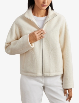 Reiss Womens Cream Darrion Funnel-neck Wool Jacket In Gray