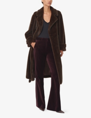 Reiss Womens Chocolate Brown Cate Belted-waist Faux-fur Coat In Brown