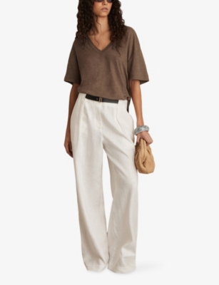 Reiss Womens Brown Ember V-neck Linen T-shirt In Brown