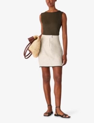 Shop Whistles Womens Brown Broderie-trim High-rise Linen-blend Mini Skirt