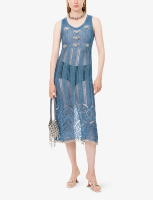Rabanne Womens Turquoise Embellished Sleeveless Knitted Midi Dress In Blue