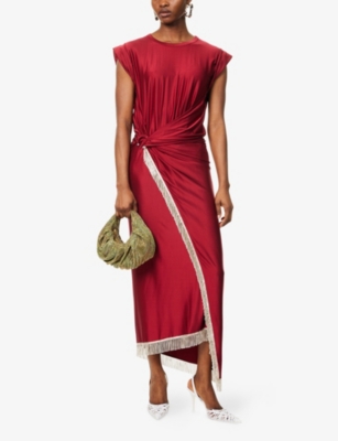 Rabanne Womens Ruby Red Draped Fringed Stretch-jersey Maxi Dress In Red