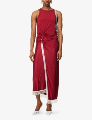 Rabanne Womens Ruby Red Draped Fringed Stretch-jersey Midi Skirt