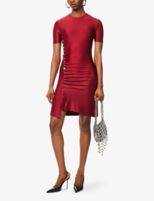 Rabanne Womens Ruby Red Draped Stud Stretch-jersey Mini Dress In Red