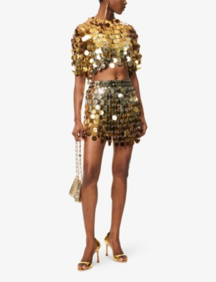 RABANNE WOMENS GOLD DEGRADE METALLIC DISC WOVEN MINI SKIRT 