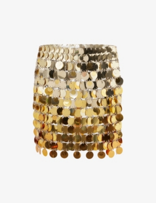 RABANNE WOMENS GOLD DEGRADE METALLIC DISC WOVEN MINI SKIRT 