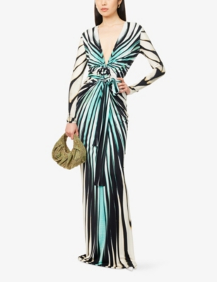 Roberto Cavalli Womens Turchese Plunge Ruched Stretch-woven Maxi Dress In Green