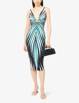 ROBERTO CAVALLI: Striped Plunge Stretch-Woven Midi Dress