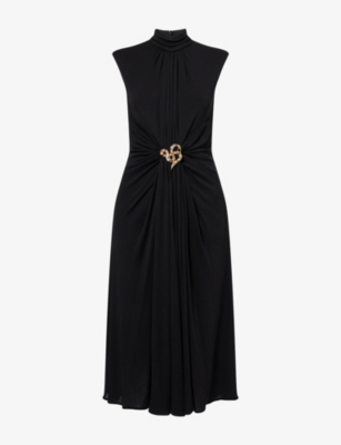 ROBERTO CAVALLI: Gathered High Neck Woven Midi Dress