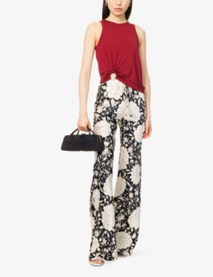 Roberto Cavalli Womens Oro Nero Avorio Emat Floral Drawstring Silk Trousers In Black