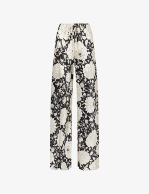 Roberto Cavalli Womens Oro Nero Avorio Emat Floral Drawstring Silk Trousers In Black