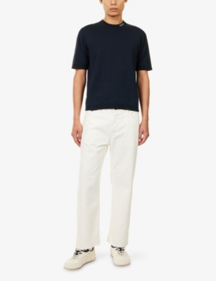 Gucci Mens Navy/white Logo-print Short-sleeves Knitted T-shirt In Blue