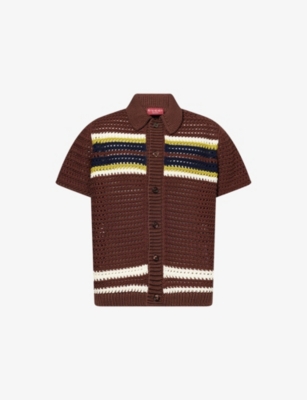 GUCCI: Stripe-Pattern Short-Sleeve Knitted Cotton Polo Shirt