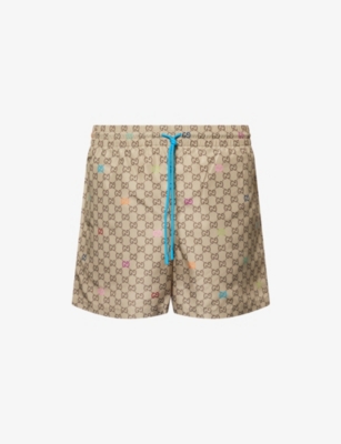Gucci Mens Beige/ebony/mc Gg Logo-print Swim Shorts