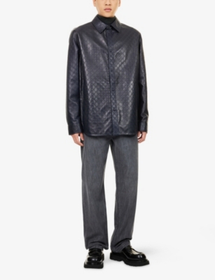 Gucci Mens Blu Navy Embossed Monogram-pattern Long-sleeve Faux-leather Shirt In Black