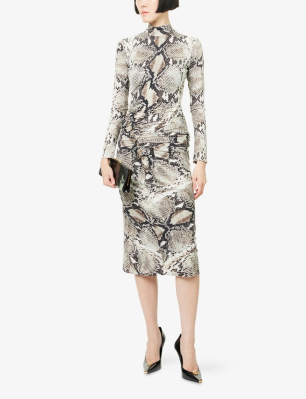 Long-Sleeves Ruched Stretch-Woven Midi  Dress