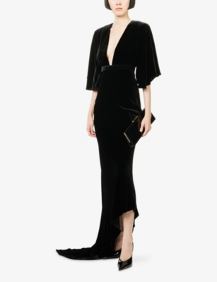 Roberto Cavalli Womens Nero Velvet V-neck Woven Maxi Dress In Animal Print
