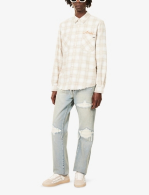 Amiri Light Camel Cotton Bleach Patch Flannel Bandana Shirt In Brown