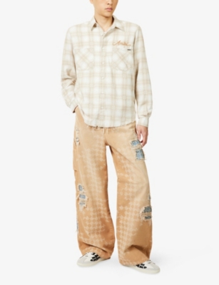 Amiri Mens Camel Repair Distressed Canvas Denim Trousers In Brown