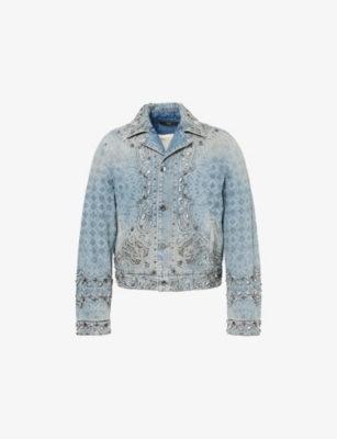 Amiri Mens Medium Indigo Crystal Monogram Denim Jacket In Purple