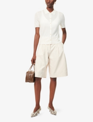Vince Womens Off White Polo-collar Short-sleeves Wool-blend Top In White